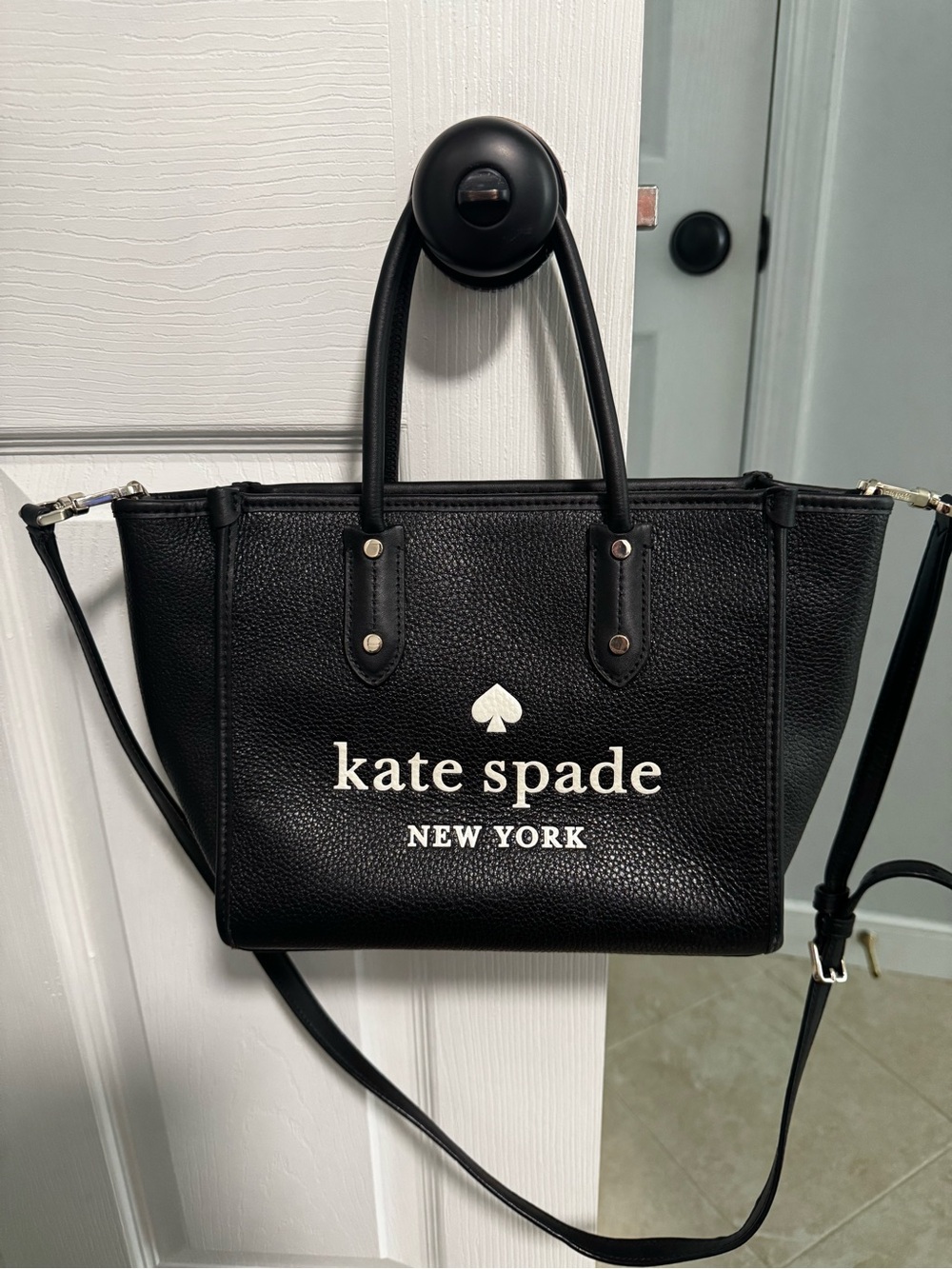 kate spade Black Logo Pebbled Leather Tote with Crossbody Strap